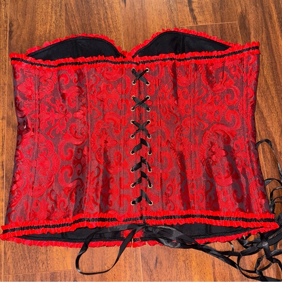 Red Black Brocade Corset Bustier Top Lace Up Gothic Burlesque Plus Size 5XL - Picture 2 of 7
